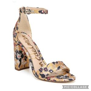 Sam Edelman Yaro Sandals Floral Jacquard Yellow Ankle Strap Block High Heels 9